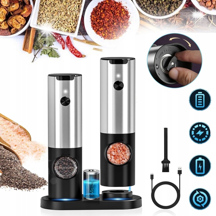 Комплект от 2 електрически мелачки за сол и пипер, със зареждаща база, регулируеми, черни и сребристи