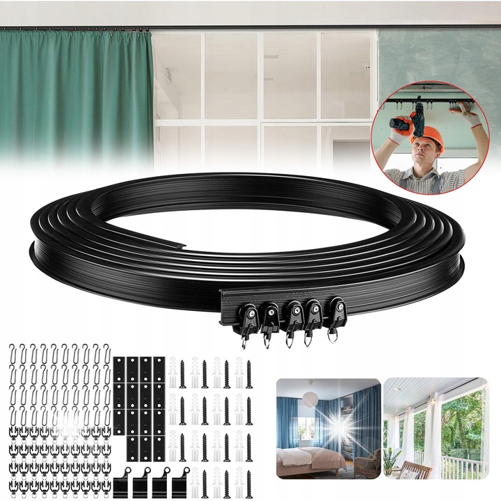 Set accesorii pentru perdele, 5m, 40 roti, 40 carlige, 15 suporturi, 15 suruburi, 4 capace, negru