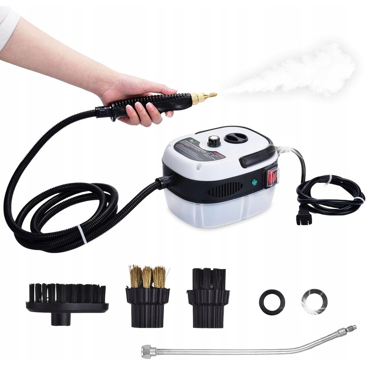 Aparat de curatat cu abur portabil, 2500W, 3 capete de perie, alb, 19x15x13cm, set complet