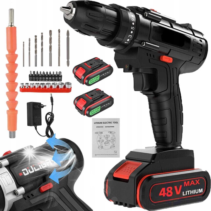 Set de masini de gaurit si insurubat 48V, 2 acumulatori, 2 incarcatoare, negru, 25x25x5cm