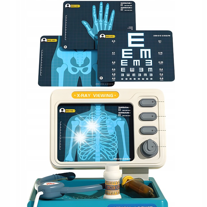 Set jucarie doctor, 16 accesorii, carucior medical, panou RTG, dimensiuni 57x20x23cm, pentru copii 3+ ani