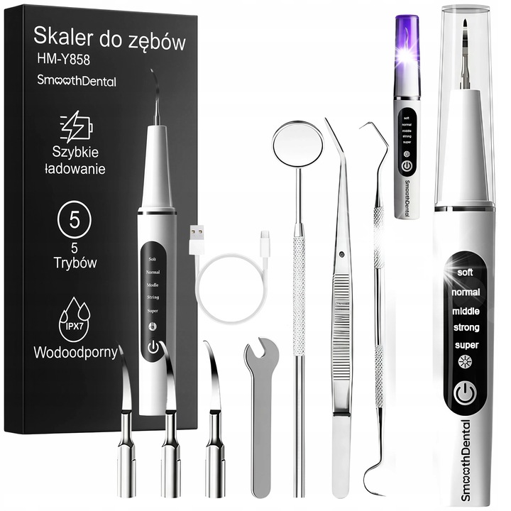 SmoothDental HM-Y858 ultrahangos fogkőeltávolító, 5 üzemmód, 4 cserélhető fej, IPX7, 20,3x2,2 cm