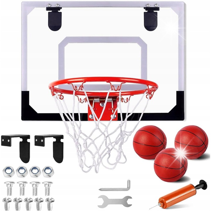 Mini kosárlabda szett ajtóra, 4 labda, pumpa, rögzítő tartozékok, 40x30cm