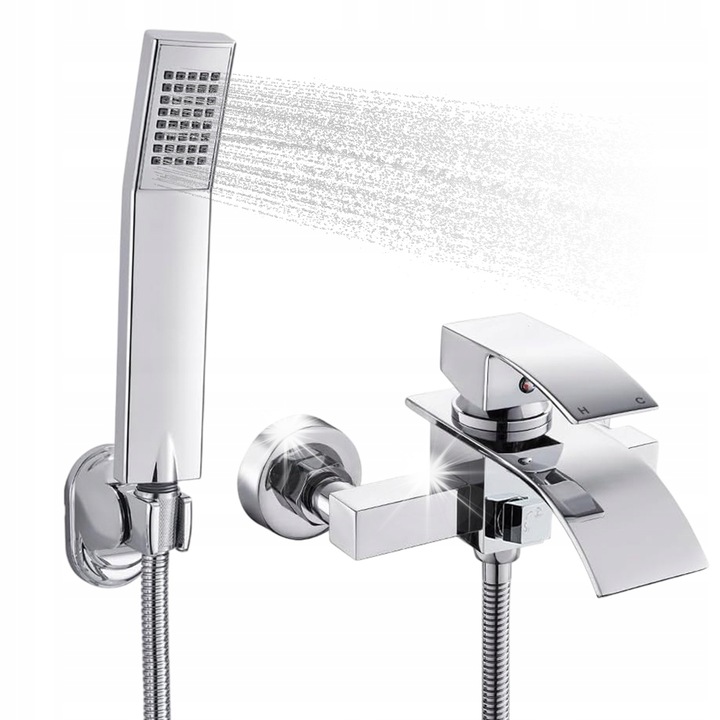 Baterie de baie cu set de dus, mosiad cromat, 15x17,5cm, dus flexibil 145cm, argintie