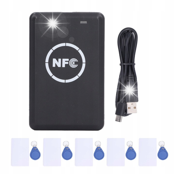 Cititor carduri RFID NFC 125 kHz, set cu 5 brelocuri si 5 carduri, USB