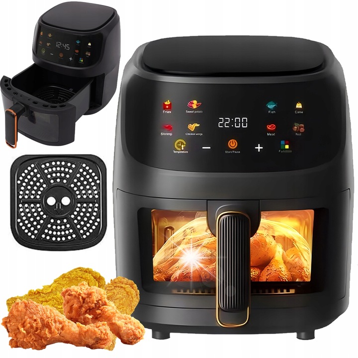 8 literes olaj nélküli fritőz, 1800W, fekete, LED érintőképernyővel és több funkcióval