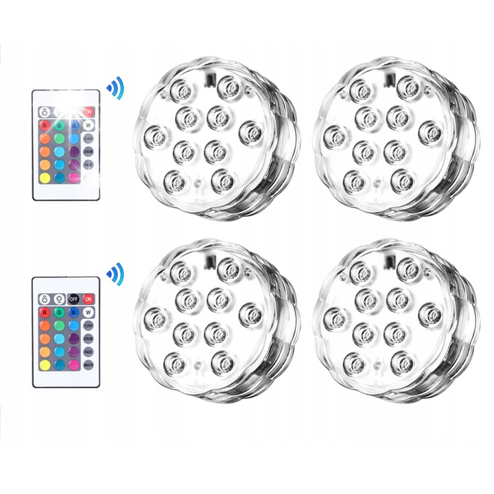 Set 4 Lampi subacvatice LED RGB, waterproof, cu telecomanda, pentru piscina, 8m distanta control, IP65