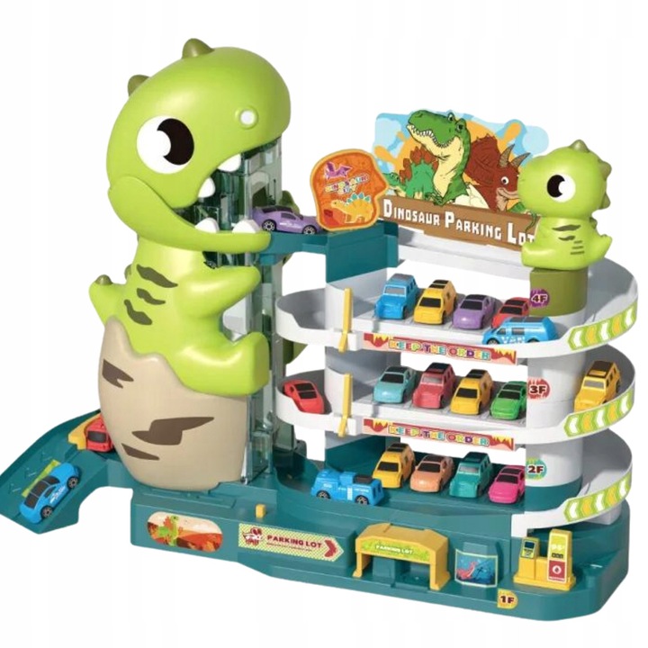 Set parcare 3 niveluri cu rampa, 6 masinute, tema dinozauri, covor, pentru copii