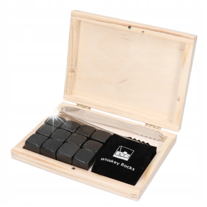 12 db bazalt jégkő készlet, fekete, velúr tasakkal, fogóval, fadobozban