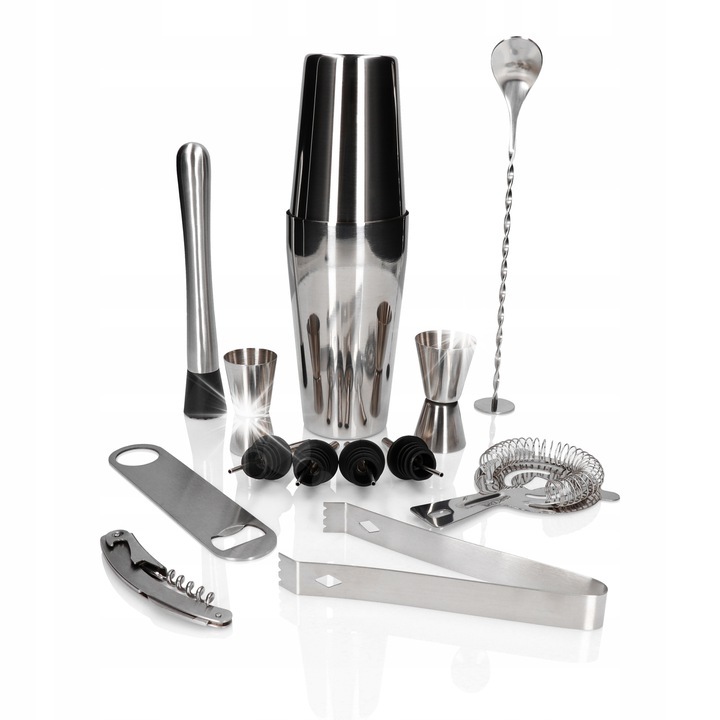 Комплект бармани 14 елемента, шейкър Бостън, джигер 15/30 мл и 25/50 мл, инокс