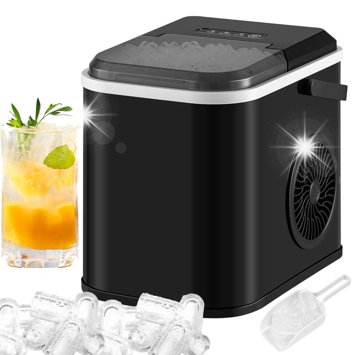 Masina de facut gheata, 12 kg/24h, 105W, neagra, 22x31x28cm, set cu lingura si cos