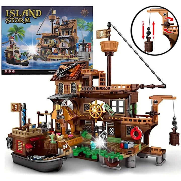 Set de constructie pirat, 675 elemente, fortareata si nava, multicolor