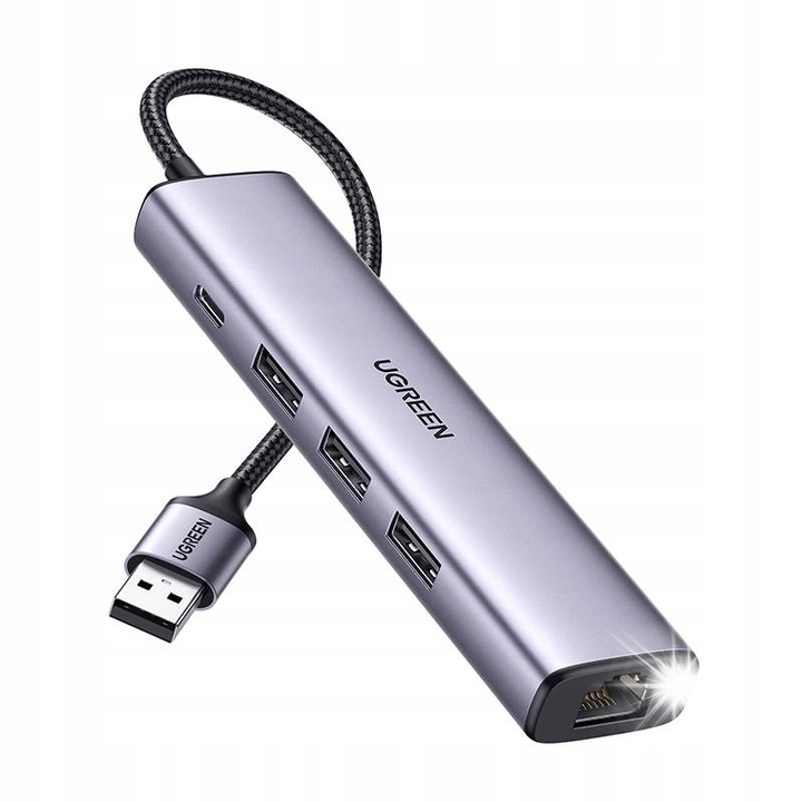 UGREEN 5 az 1-ben USB hub, 3x USB 3.0, RJ45, USB-C, 12x2,8cm, szürke