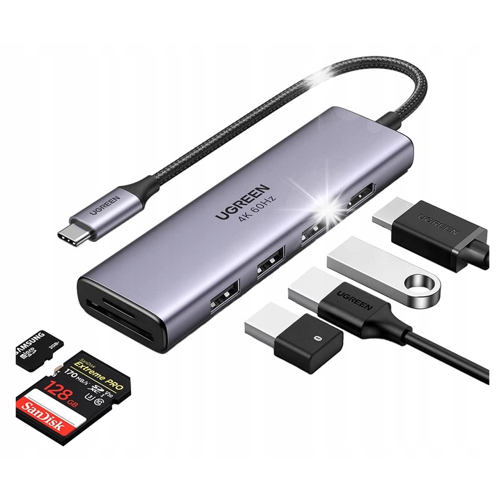 Хъб USB-C UGREEN 5 в 1, 3x USB 3.0, HDMI 4K, слотове SD и micro SD, сив, 114x33x12mm