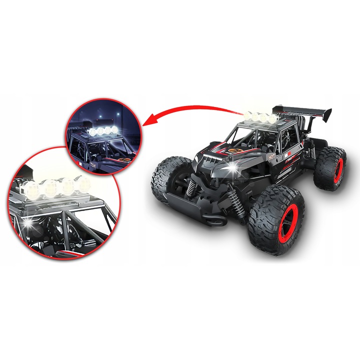 Masinarc teren cu telecomanda, rosie, 1:16, suspensie sportiva, faruri LED, set complet