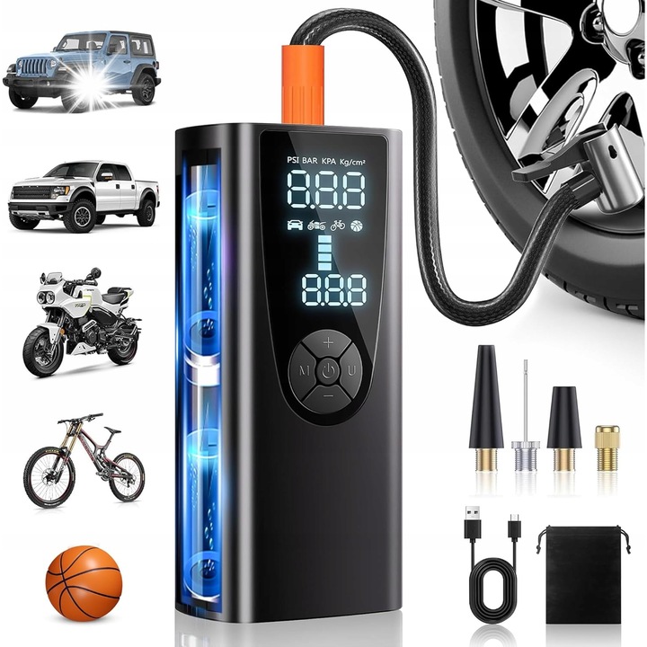 Преносима помпа за гуми, 150 PSI, 34 л/мин, черна, 5x15,8x7,1 см, пълен комплект с адаптери и кабел за зареждане