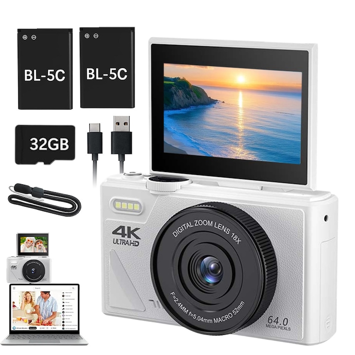 Camera Digitala Compacta Rollei Powerflex, Camera 64MP 5K cu Dubla Camera, Zoom Digital 5X, Camera Foto cu Autofocus si Ecran Tactil de 2, 8 inch, Camera Compacta Portabila, Neagra, Camera Digitala