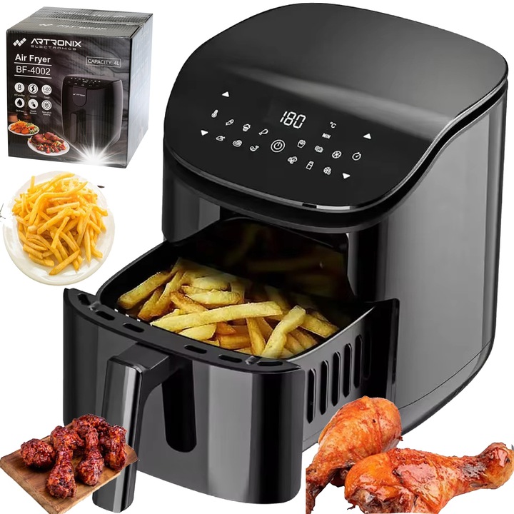 Friteuza fara ulei, Air Fryer 4L, 1500W, 8 programe, alb, 28.5x36.5x33.5cm