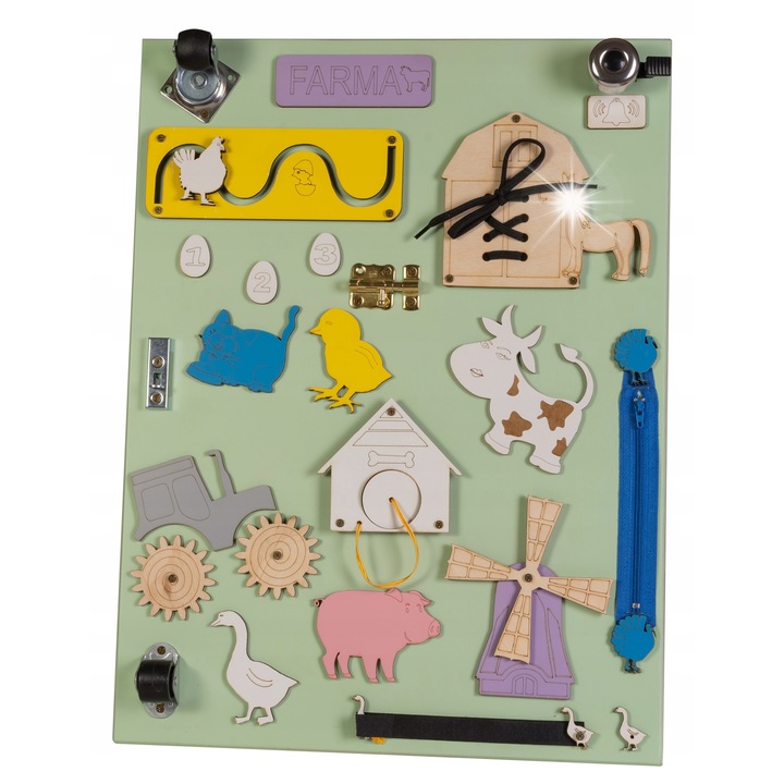 Tablica manipulativa dubla din lemn, ferma colorata, 28x37,5x50cm, set cu creta si radiera