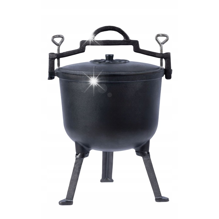 Cazan vanatoresc din fonta, oala ungureasca pentru foc de tabara, gratar 10l