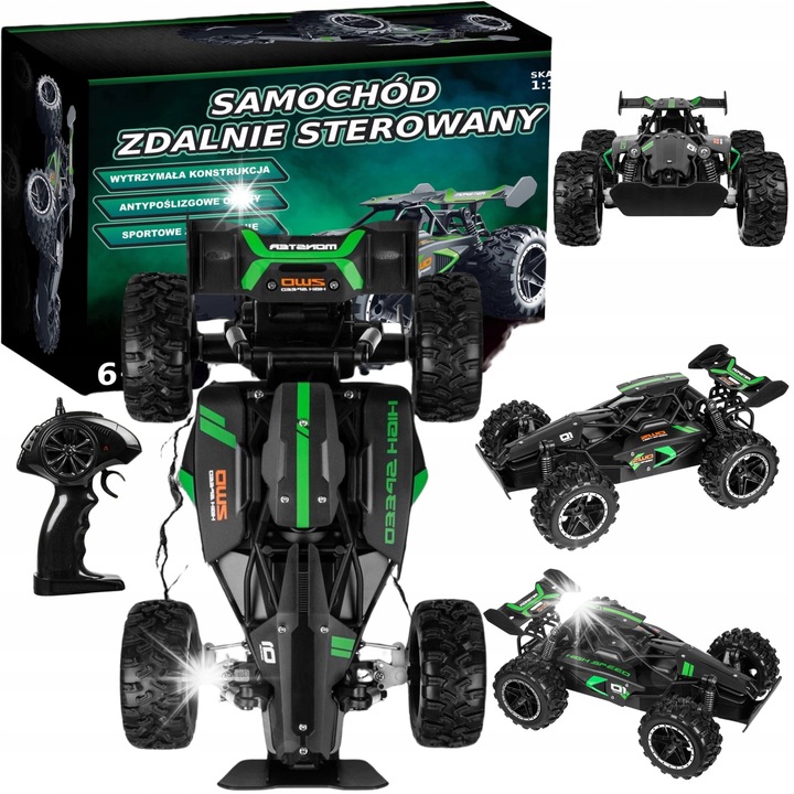 Masinarc cu telecomanda, Monster High-Speed, 1:18, neagra cu accente verzi, 23x14,5x9cm, set cu 2 acumulatori