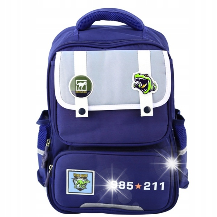 Ghiozdan scolar cu nastruri dinozauri, granat, 39x27x15cm, 5 buzunare, set complet