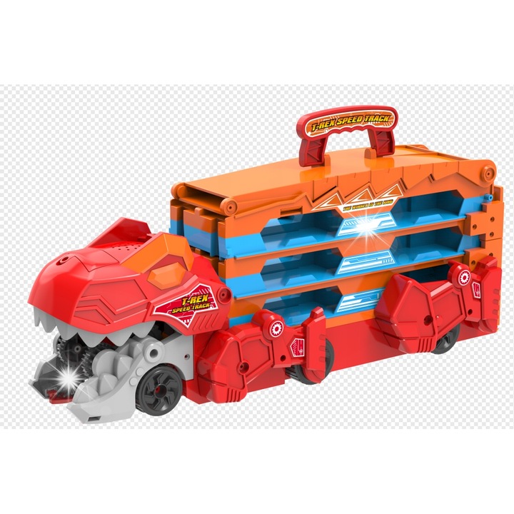 Camion de transport dinozauri TERRAMUS 3 in 1 cu 8 masinute, dimensiuni 43,5x18x14,5cm, colorat