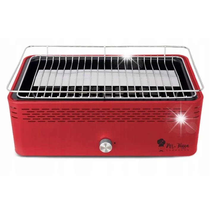 Gratar automat fara fum pentru 4-6 persoane, rosu, 460x305x205mm, cu sistem de ventilatie, set cu geanta de transport