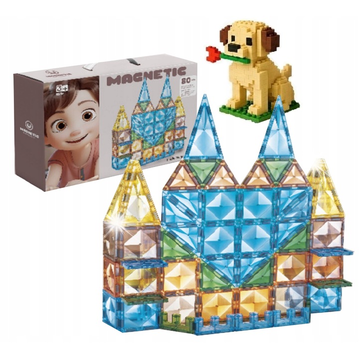 Set de constructie magnetica 80 elemente, diverse forme, multicolor, 22,8x32,8x4,8cm