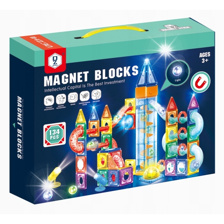 Set de constructie cu 134 de piese, klocki magnetice, multicolor, dimensiuni 34x27x7cm