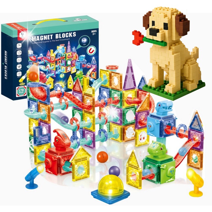 Set de constructie 3D Klocki magnetice 178 elemente, multicolor, cu iluminare