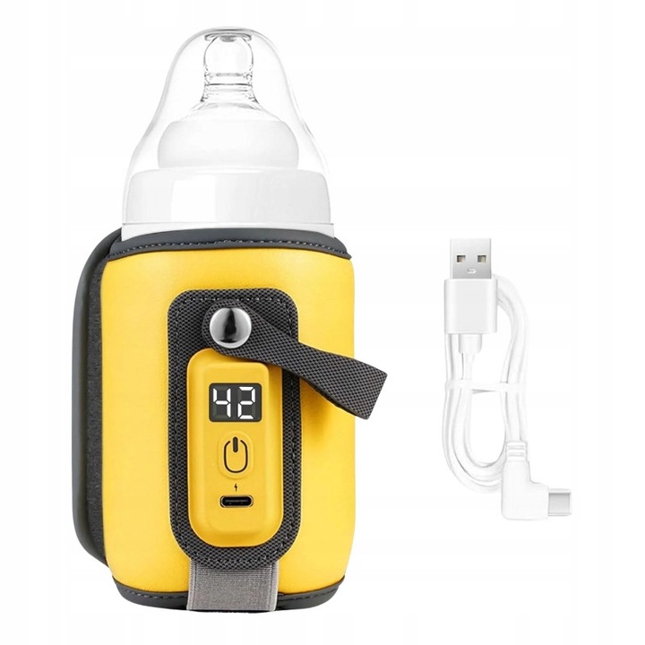 Преносим нагревател за бутилки, жълт, размери 12x13x27см, комплект с USB кабел