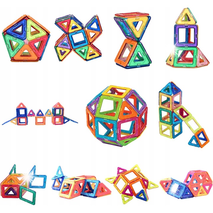 Set de constructie 84 piese, magnetice 3D, 2 seturi de culori, cu roata feroviara, pentru copii 3-8 ani