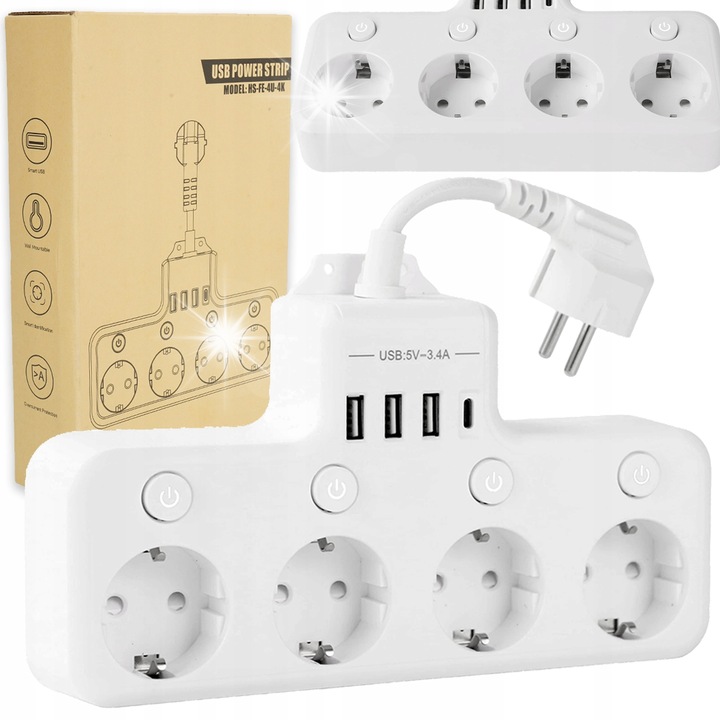 Разклонител Bedee, 4 гнезда, 3x USB, 100-250V