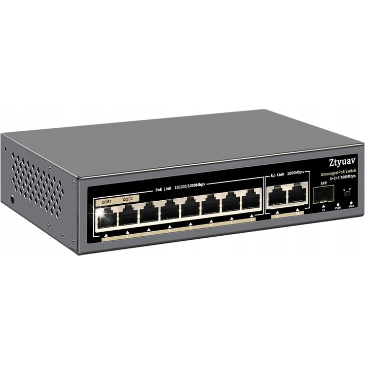 Switch PoE 11-портов Gigabit, 120W, VLAN, SFP, 6kV, 22x11x4cm