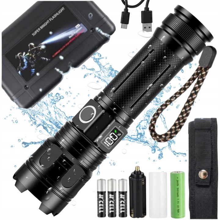 LED фенер 20000 лумена, водоустойчив, 5 режима, увеличение, пълен комплект