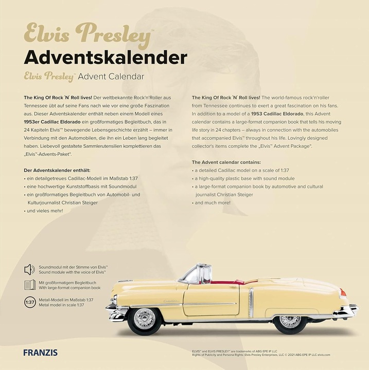 Cadillac Eldorado 1953, fémes modell, hangmodullal és könyvvel, 19,5x6x8,5cm