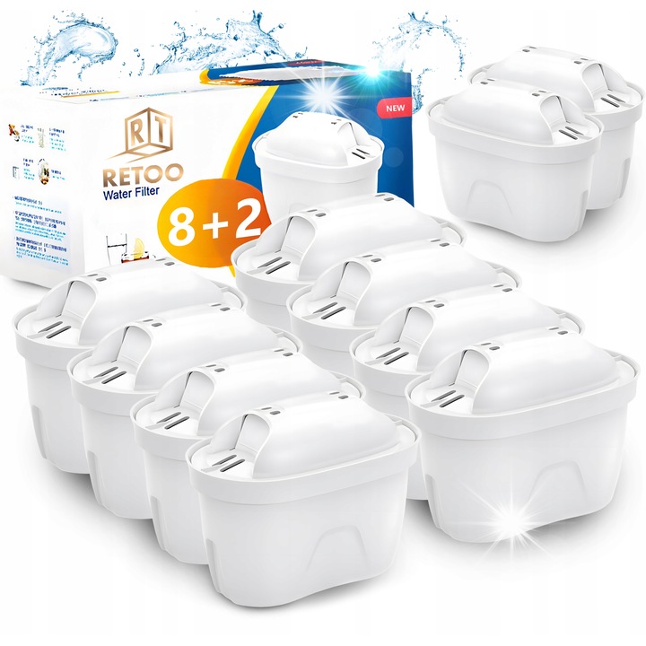 Set 10 filtre apa Retoo PureWater, filtrare cu carbon activ, tehnologie schimb de ioni, alb, 7,5cm x 10,5cm x 6cm