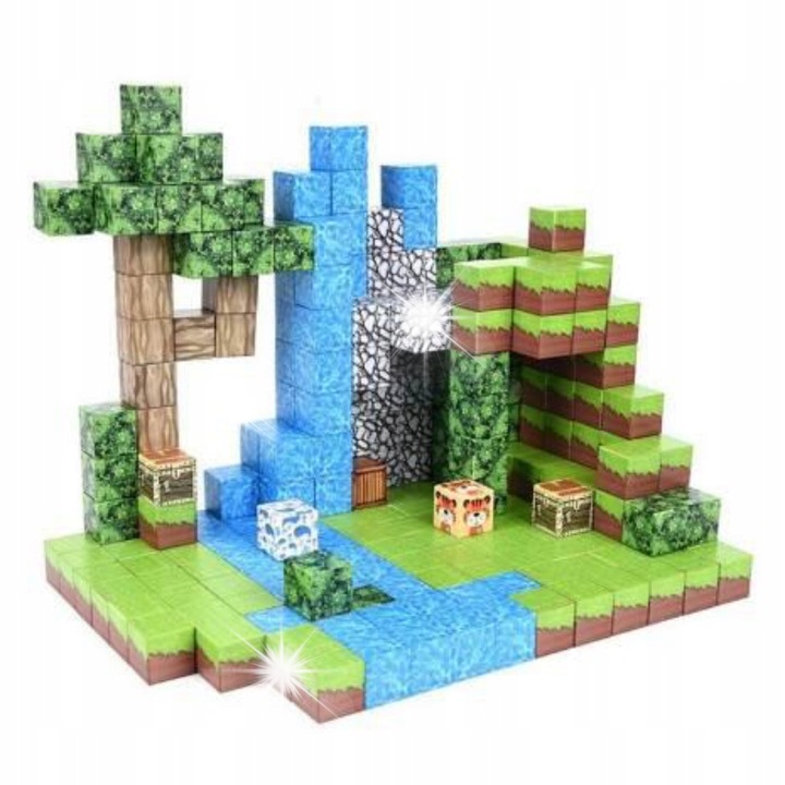 Set de constructie Klocki Magnetyczne, 100 elemente, 2cm x 2cm x 2cm, peisaj cu apa si copaci