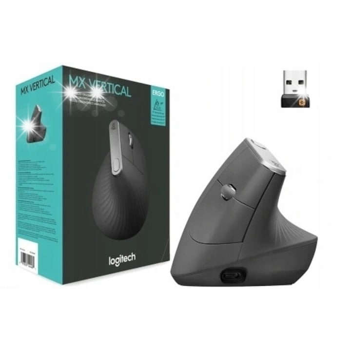 Logitech MX Vertical vezeték nélküli függőleges egér, 4000 DPI, 4 programozható gomb, fekete, 78,5x79x120mm