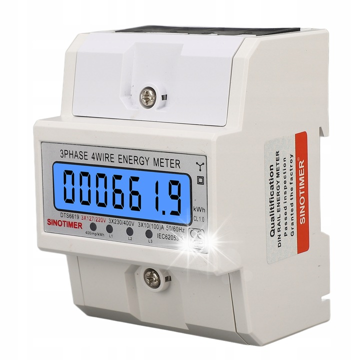 Contor de energie electrica digital, 3 faze, 220V, 10(100)A, LCD, instalare pe sina 35mm