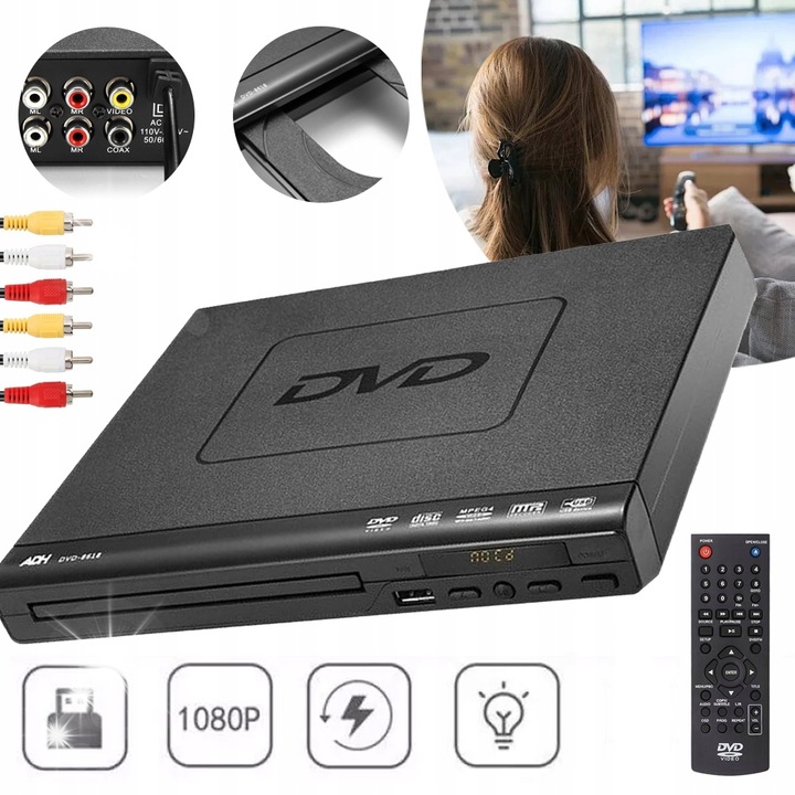 Odtwarzacz DVD portabil, 1080P, negru, set cu telecomanda si cablu AV
