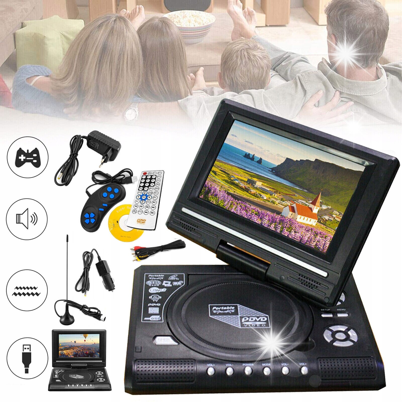 DVD auto, portabil, 7.8 inch, negru, set complet - eMAG.ro