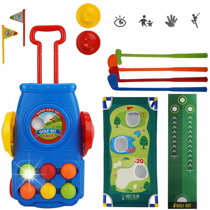 Set de golf pentru copii, 4 kije, 6 bile, 2 dolki, 21x31,5cm, multicolor