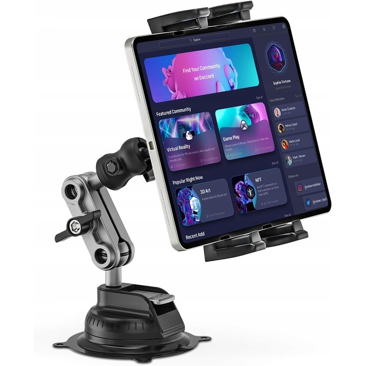 Suport auto pentru tableta, 360°, prindere puternica, metal, negru, compatibil cu dispozitive de 4,7-12,9"