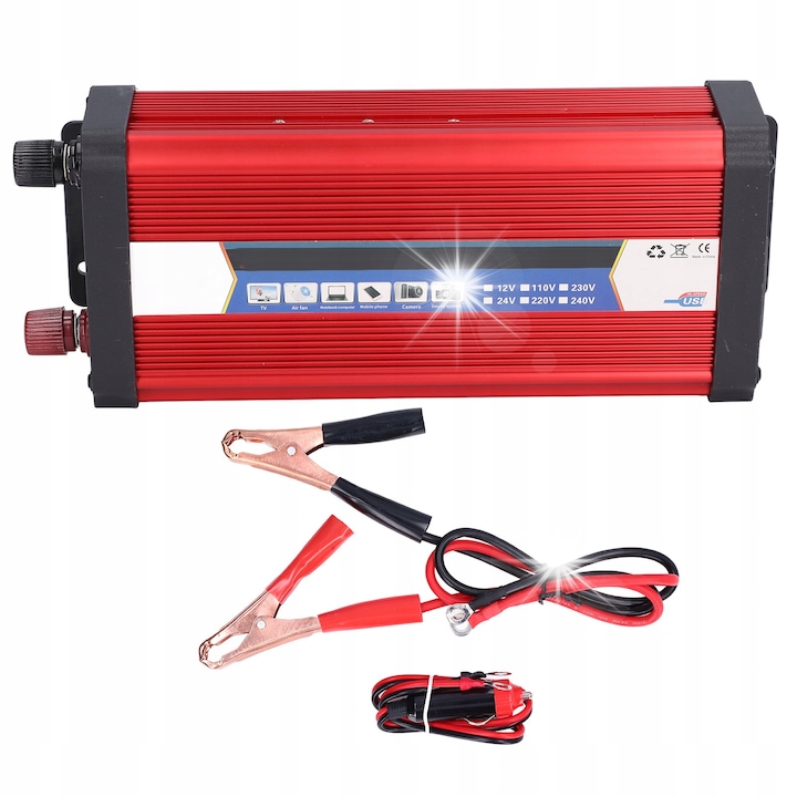 Inverter auto 2000W/4000W, 12V/24V, unda sinusoidala modificata, aluminiu, set complet