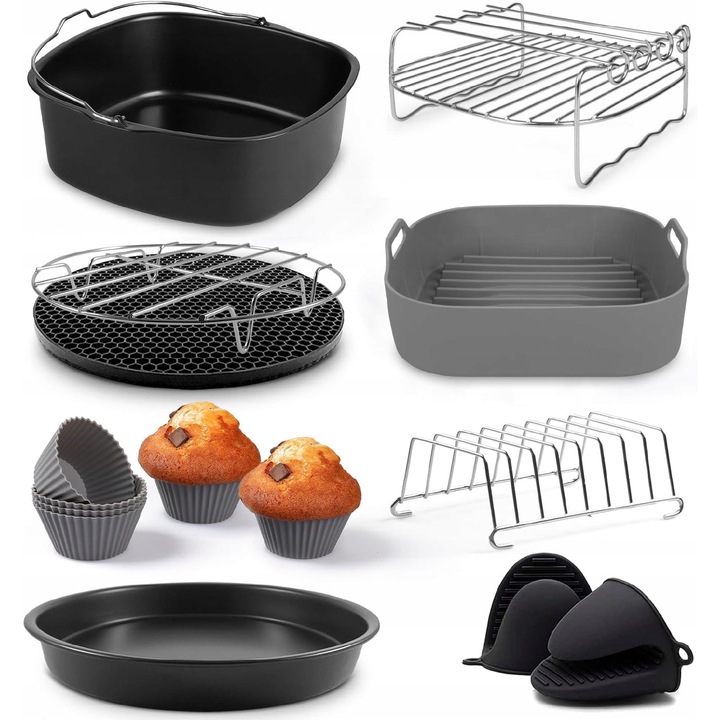 Set accesorii pentru friteuza, compatibil cu diverse modele, 10 piese, multicolor