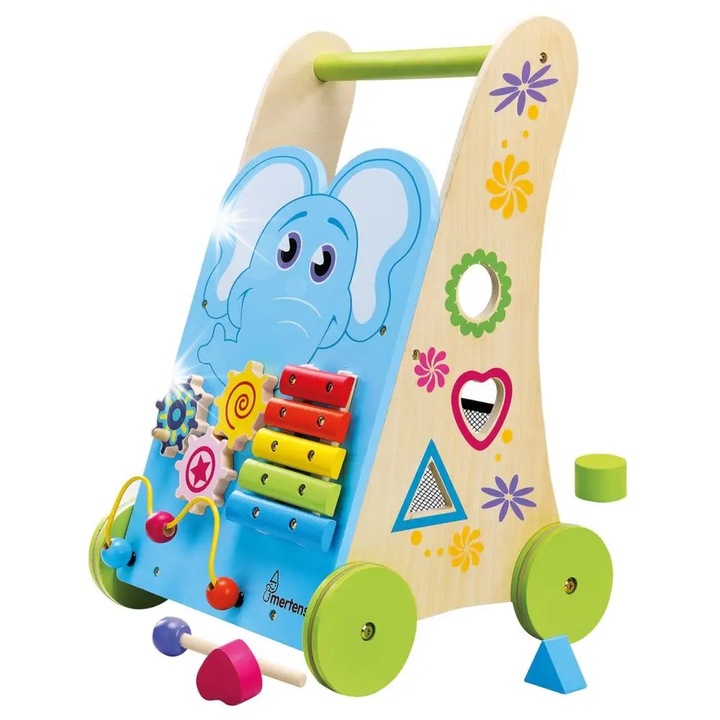 Előke, Bino, elefántos aktivitási babakocsi, 32x31x52cm, fából, 18 hónapos kortól