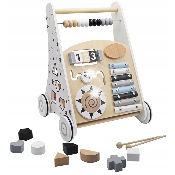 Jucarie impins educationala din lemn Bobo-San, cu sorter si xilofon, 46x36x31cm, multicolor