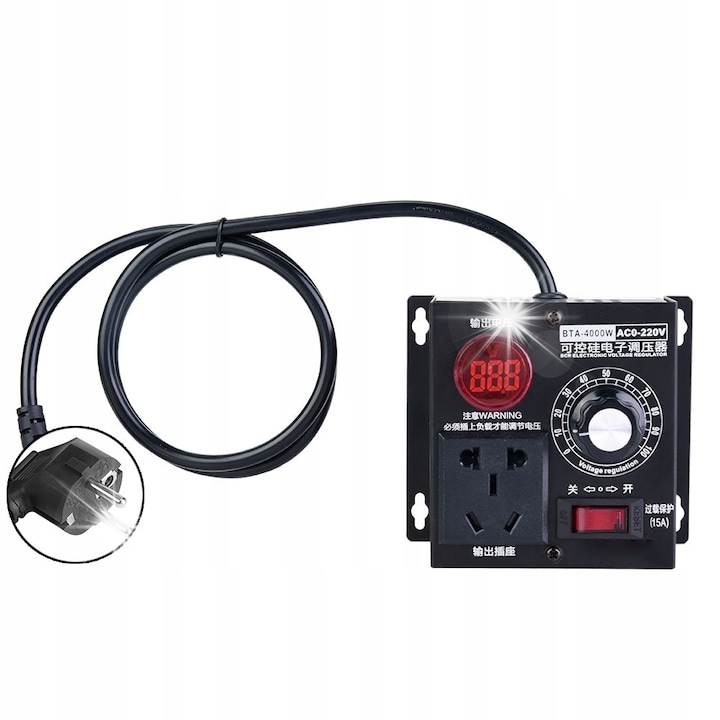 Regulator de tensiune SCR 4000W 220V cu priza, metalic, pentru sarcini rezistive
